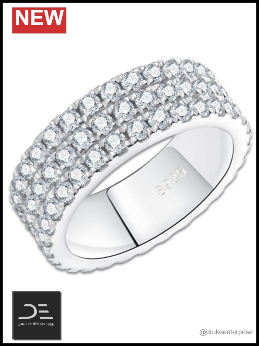 Moissanite 3 Row Eternity Ring 925 Sterling Silver Plated White Gold Ring for